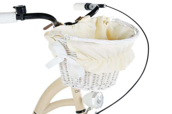 Vit cykelkorg med tygpåse och rosett