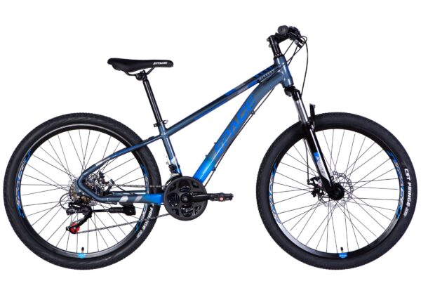 Blue mountain bike with sturdy tyres and frame.