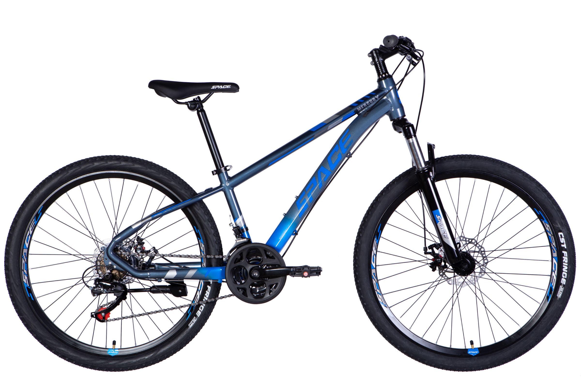 Blue mountain bike with sturdy tyres and frame.