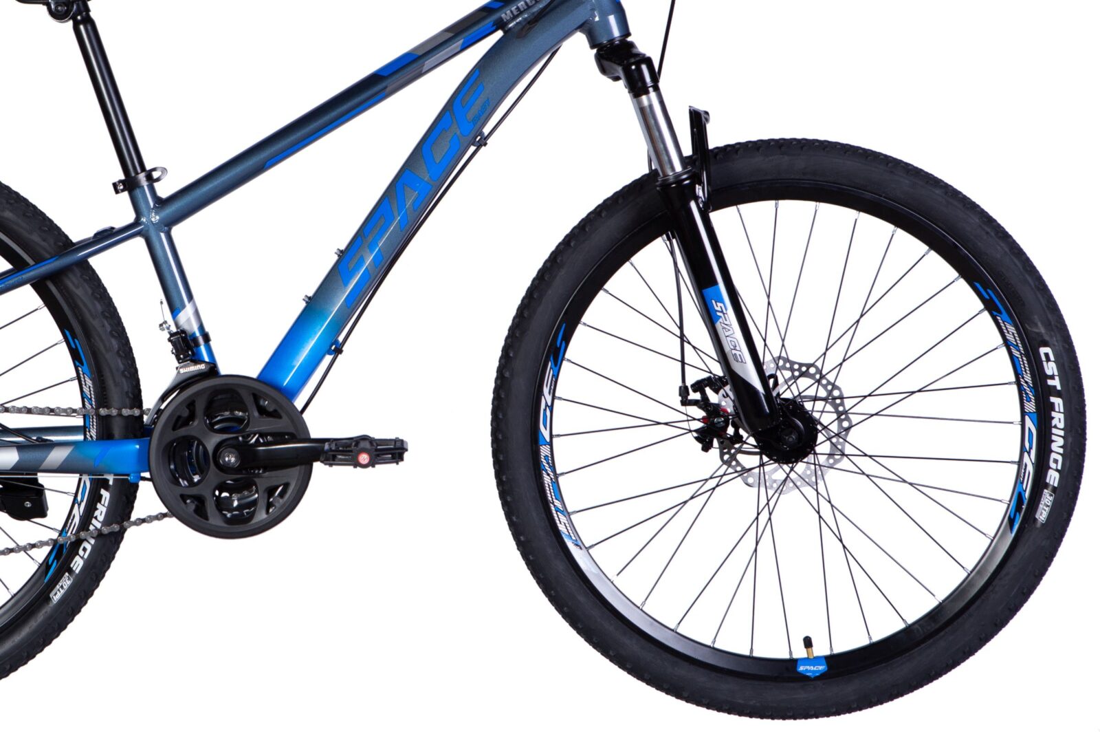 Blue mountain bike with disc brakes and pedal.