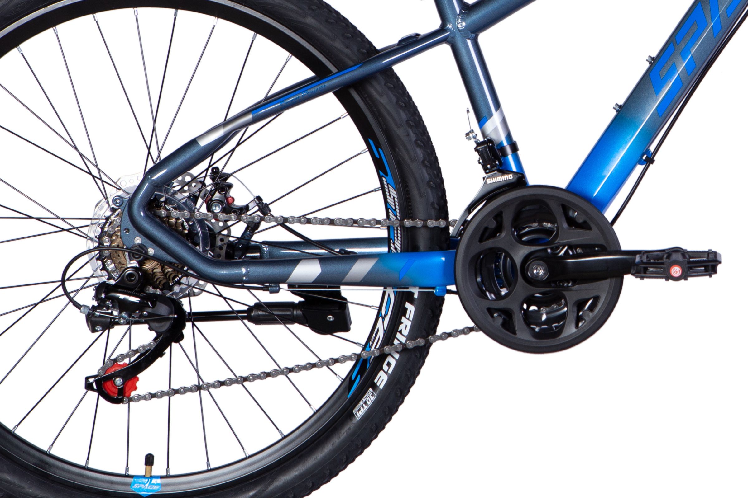 Close-up of a blue mountain bike's drivetrain.