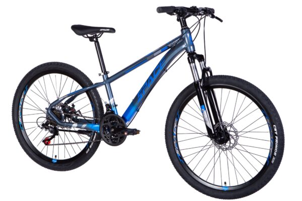 Blue mountain bike with a stylish frame design.