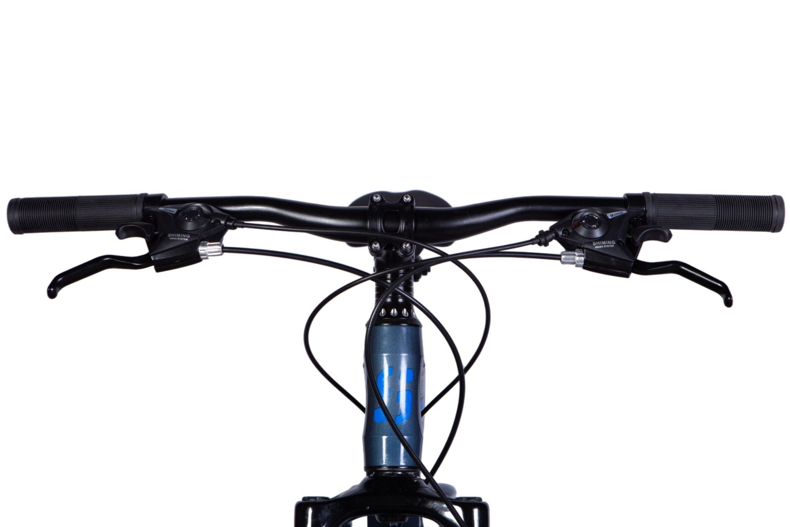 Close-up of bicycle handlebars and controls.