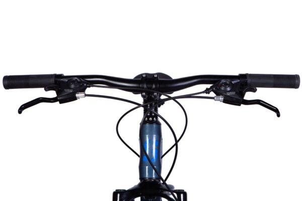 Close-up of bicycle handlebars and controls.