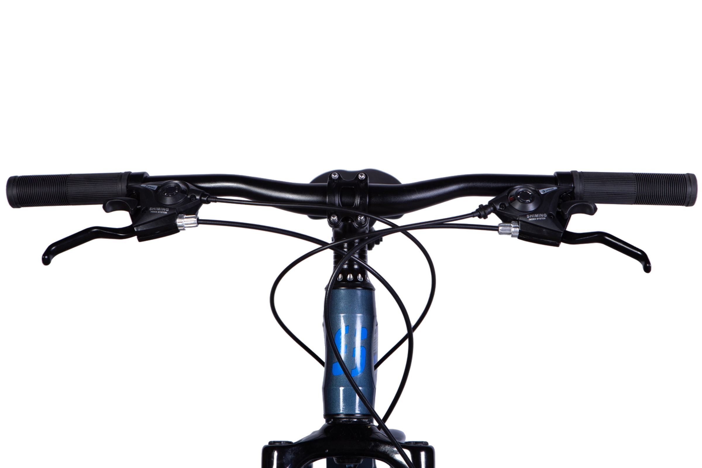 Close-up of bicycle handlebars and controls.