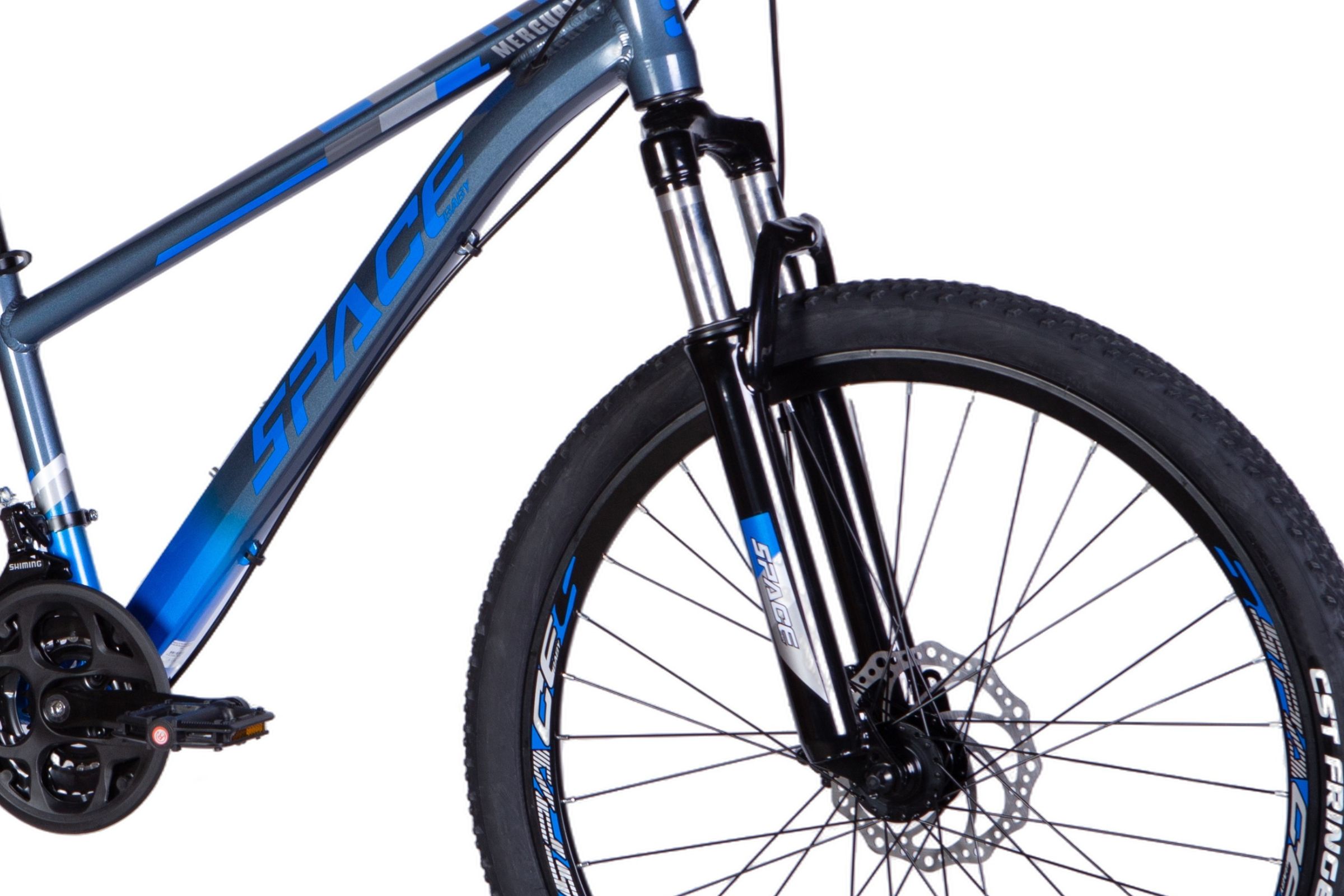 Close-up of a blue mountain bike frame.