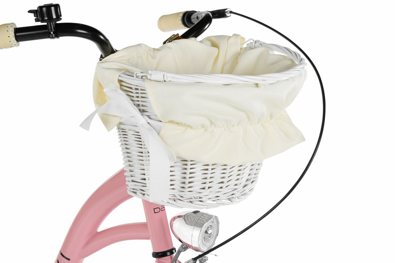 Vit cykelkorg med gult tygöverdrag på rosa cykel