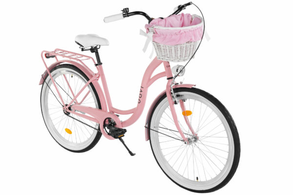 Rosa cykel med korg fram.