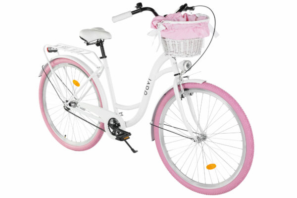 Vit damcykel med rosa däck och korg