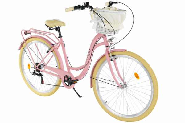 Rosa damcykel med korg och gula däck