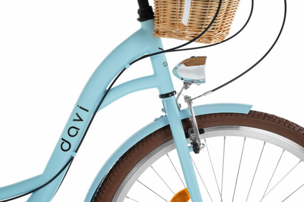 Light blue bicycle with a wicker basket.