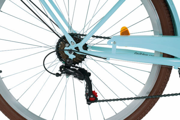 Close-up of bicycle gears and chain.