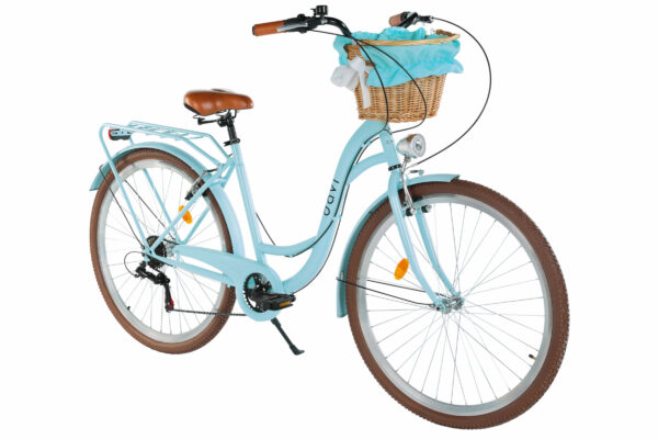 Light blue bicycle with basket and brown tires