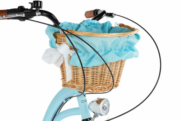 Blue bicycle basket with a decorative bow.