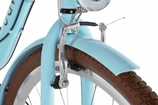 Close-up of a blue bicycle's front wheel and brake.