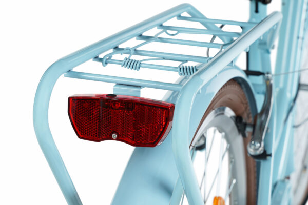 Close-up of a blue bicycle rear light