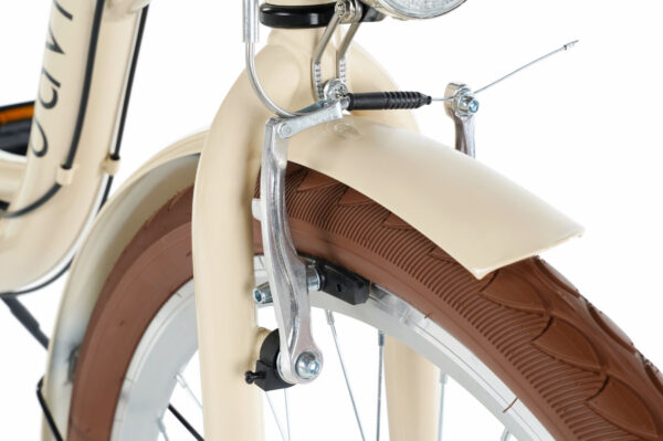 Beige cykelframgaffel med brunt däck och broms.