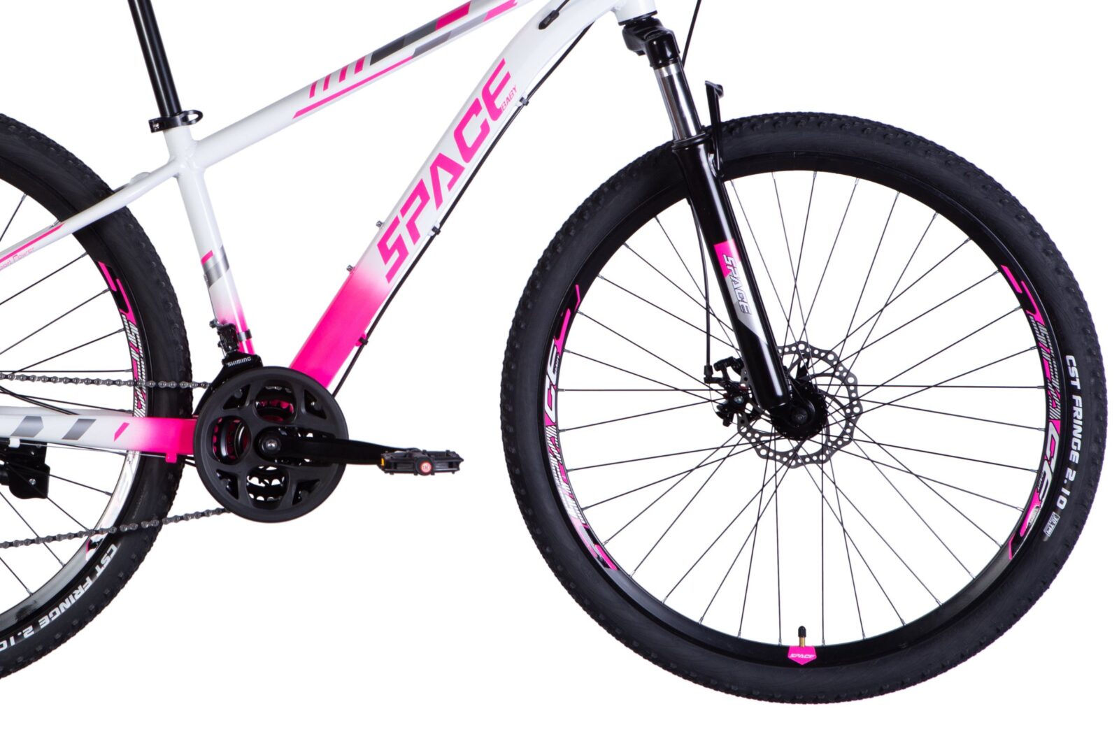 Mountainbike med rosa och vita detaljer