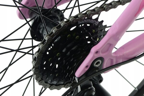 Närbild av rosa cykeldrev och kedja