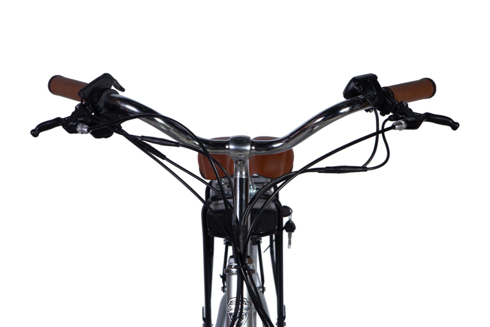 Cykelstyre med bruna handtag och kablar