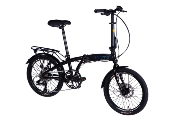 Svart hopfällbar cykel med pakethållare och skivbroms.