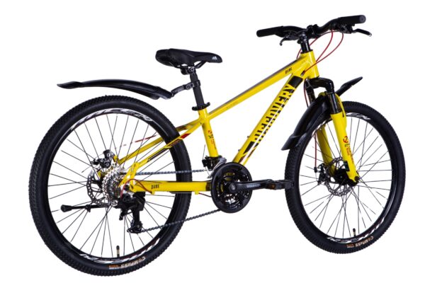 Gul mountainbike med skivbromsar och robust ram