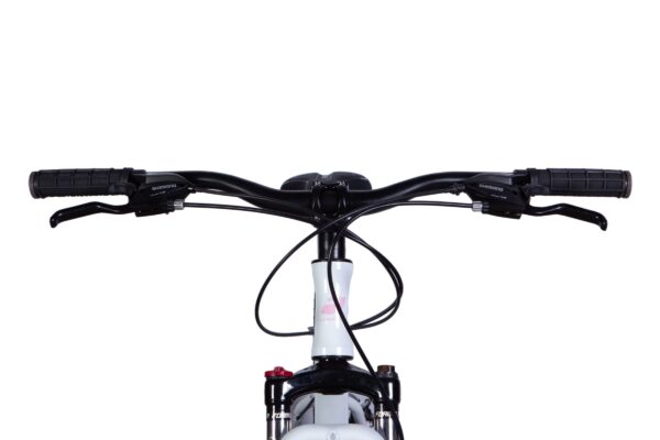 Cykelstyre med Shimano bromsar, svart och vitt färgschema.