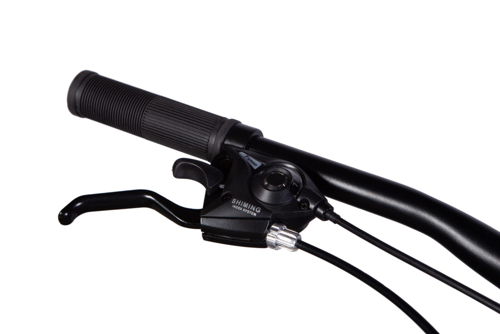 Svart cykelhandtag med bromshandtag och växelkontroll