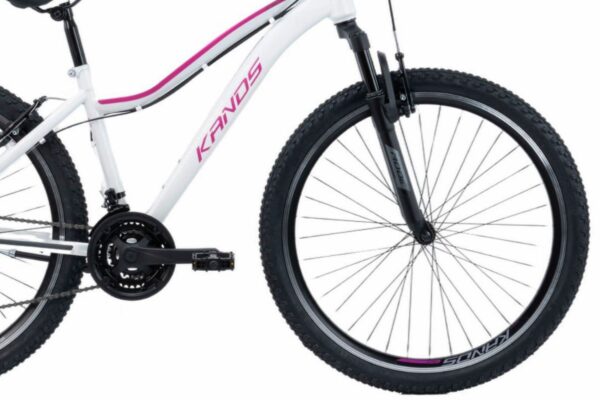 Vit mountainbike med rosa detaljer, Kands logotyp.