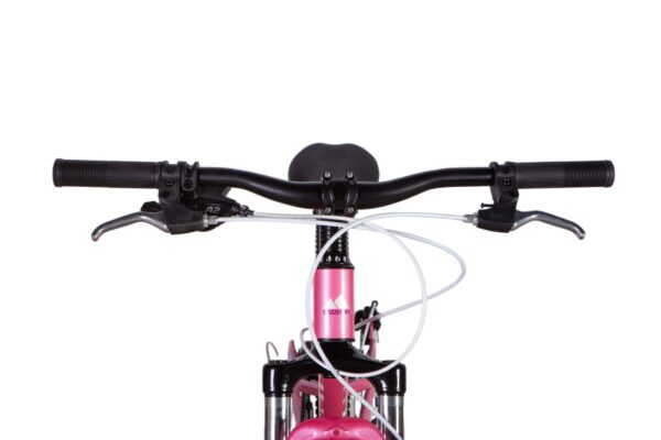 Framgaffel och styre på rosa cykel.