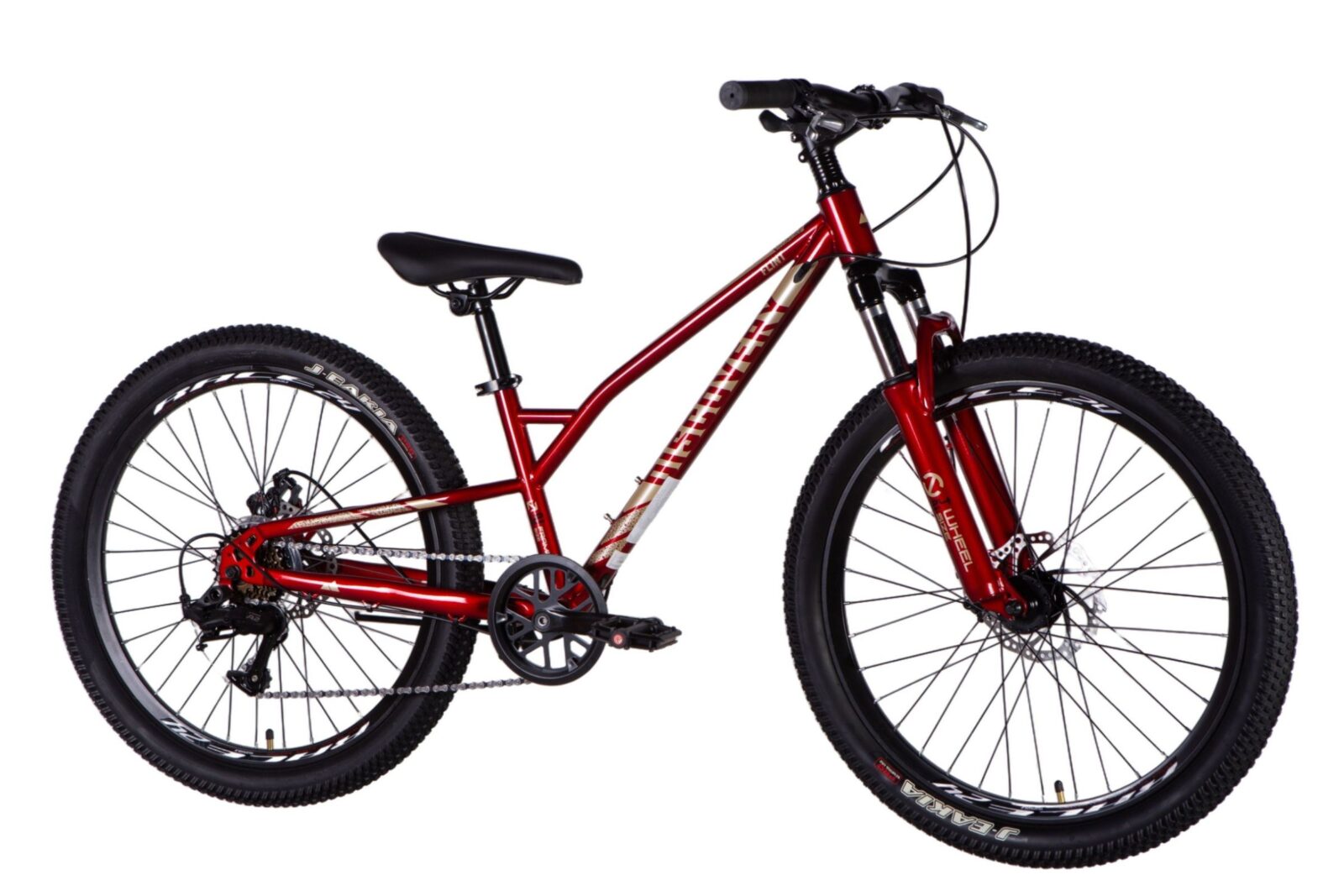 Röd mountainbike med svart sadel och hjul