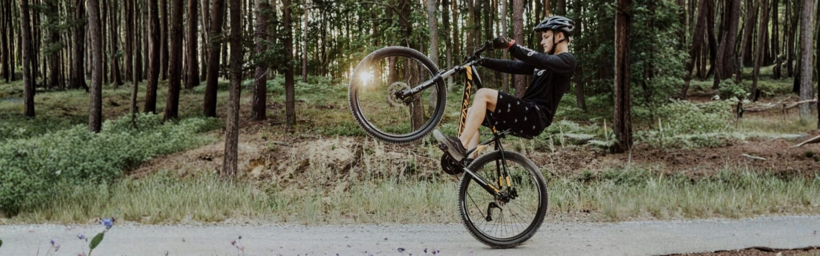 Cyklist gör ett trick i skogen.