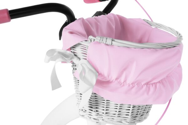 Cykelkorg med rosa tyg och rosett.