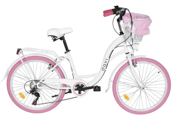 Vit cykel med rosa detaljer och korg fram