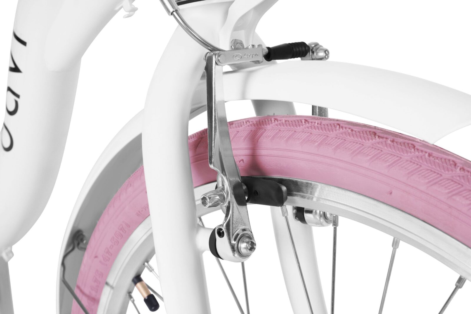 Cykeldäck rosa på vit cykel.