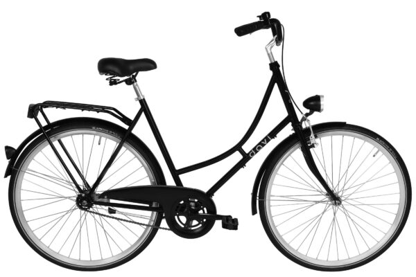Black city bicycle with a comfortable seat.