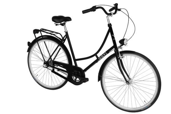 Black city bicycle with comfortable seat.