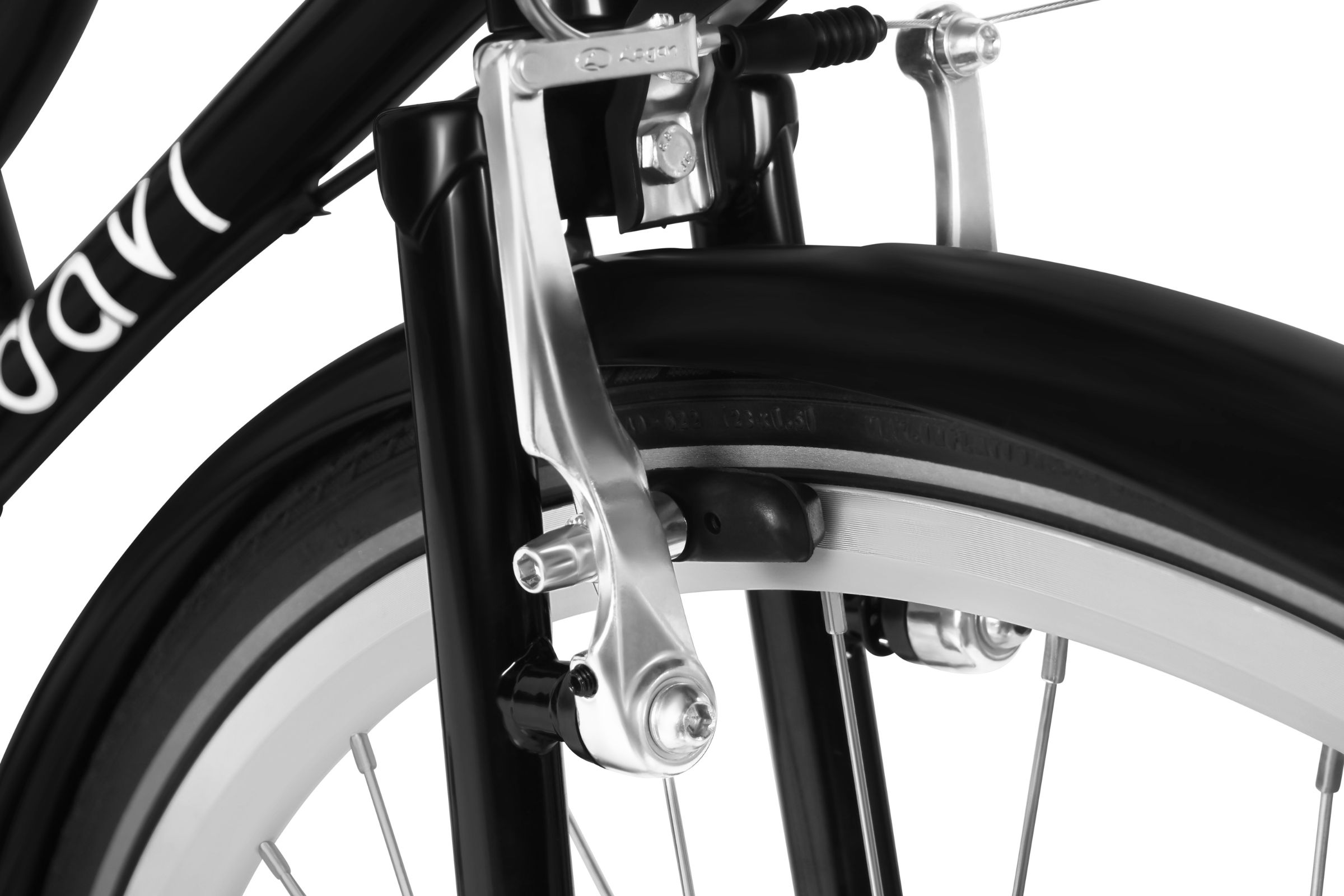 Close-up of a bicycle's front wheel and brake