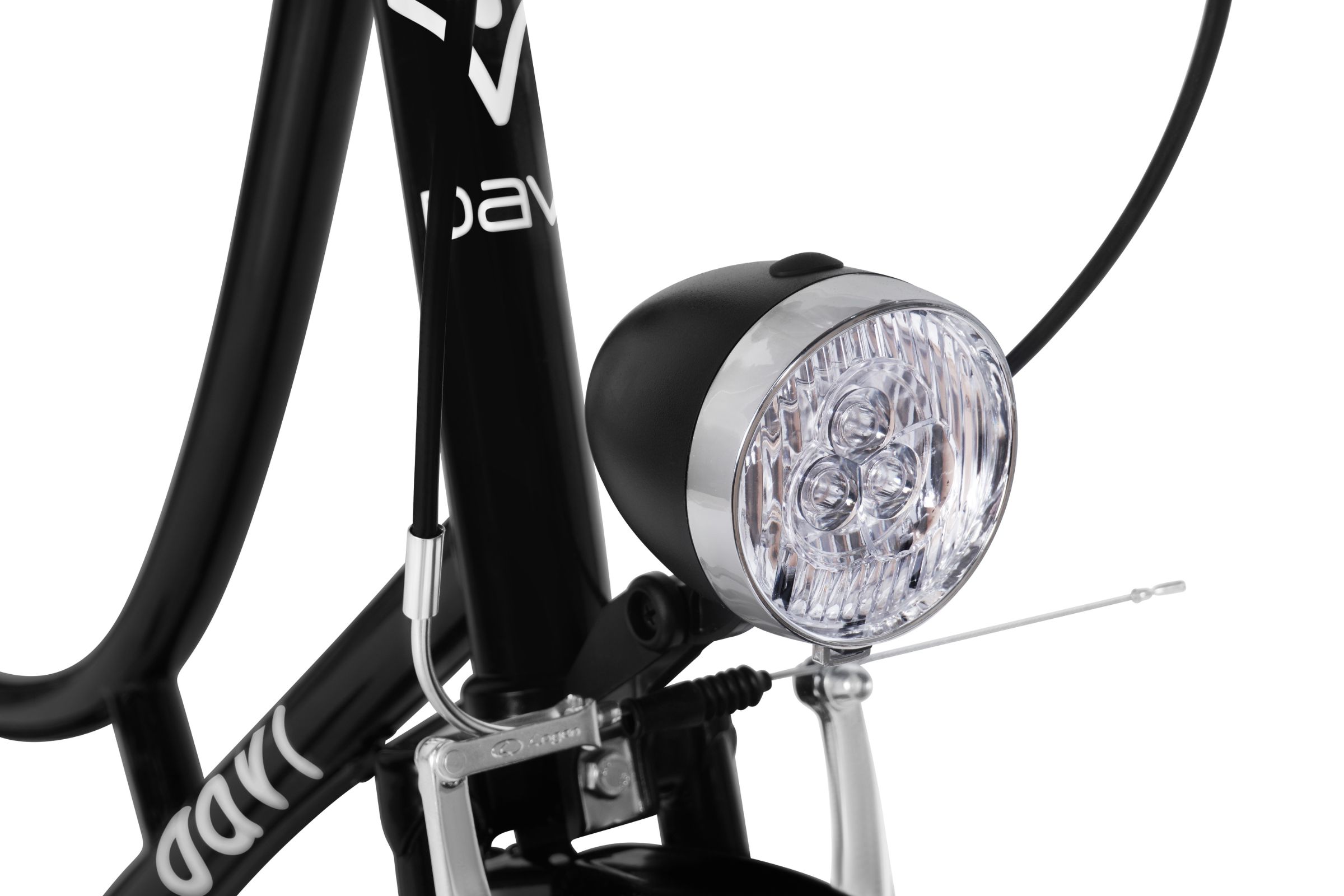 Close-up of bicycle front light and frame.