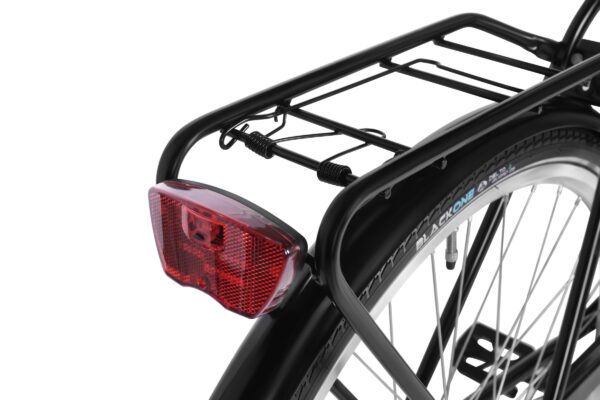 Close-up of a bicycle rear light and rack.