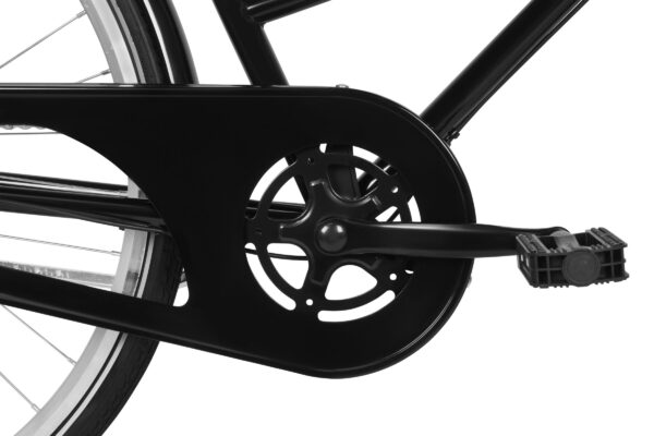 Close-up of bicycle pedal and crankset.