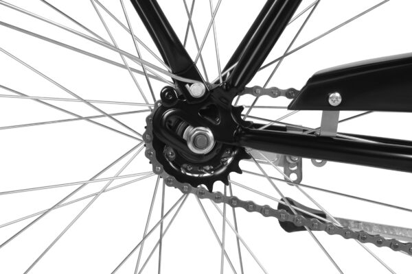 Close-up of a bicycle chain and rear wheel.