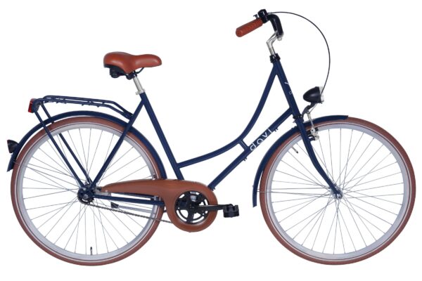 Navy blue bicycle with brown accents