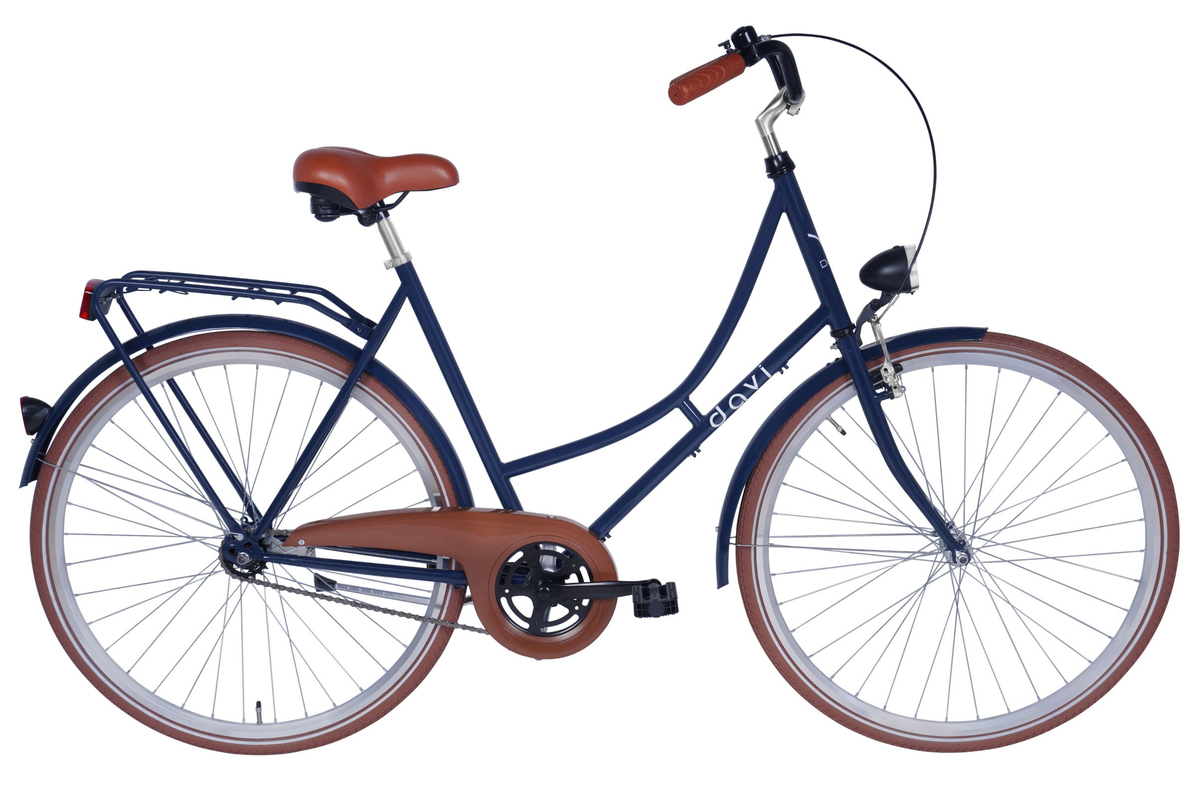 Navy blue bicycle with brown accents