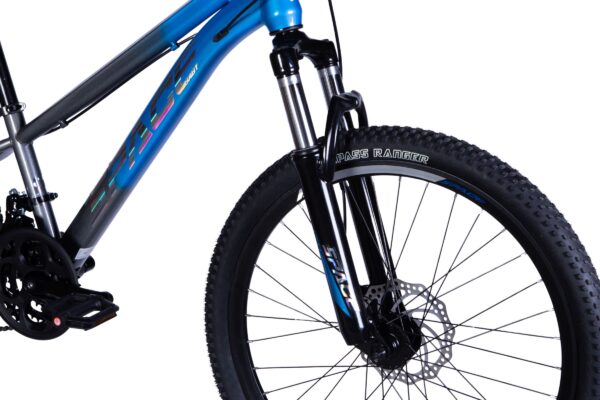Mountain bike with blue frame and rugged tyres
