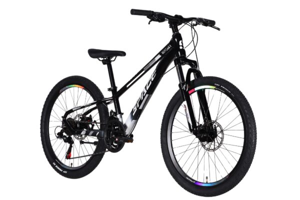 Black mountain bike with rainbow accents