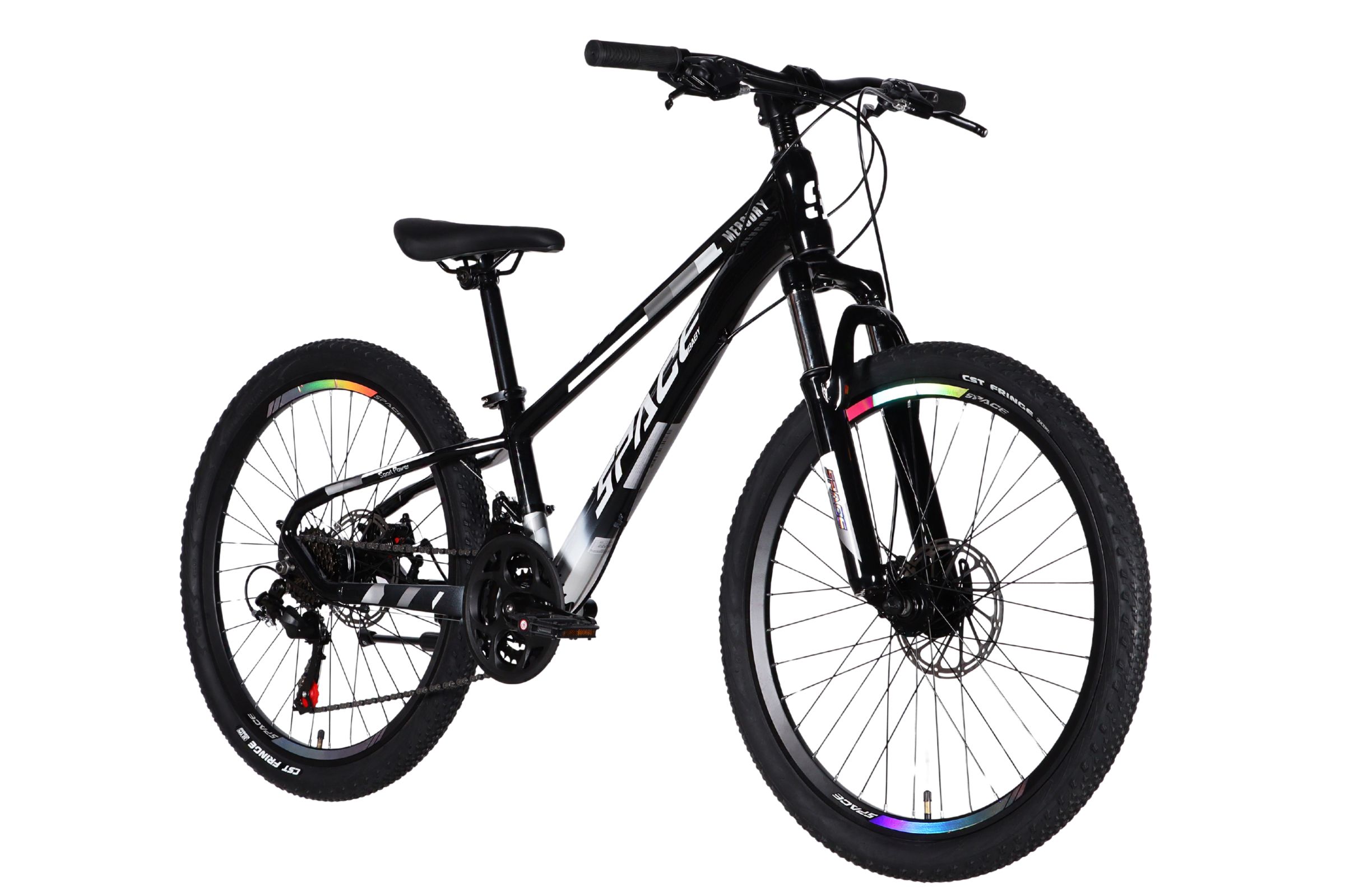 Black mountain bike with rainbow accents