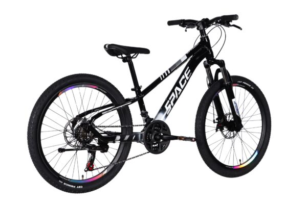 Black mountain bike with vibrant wheel details