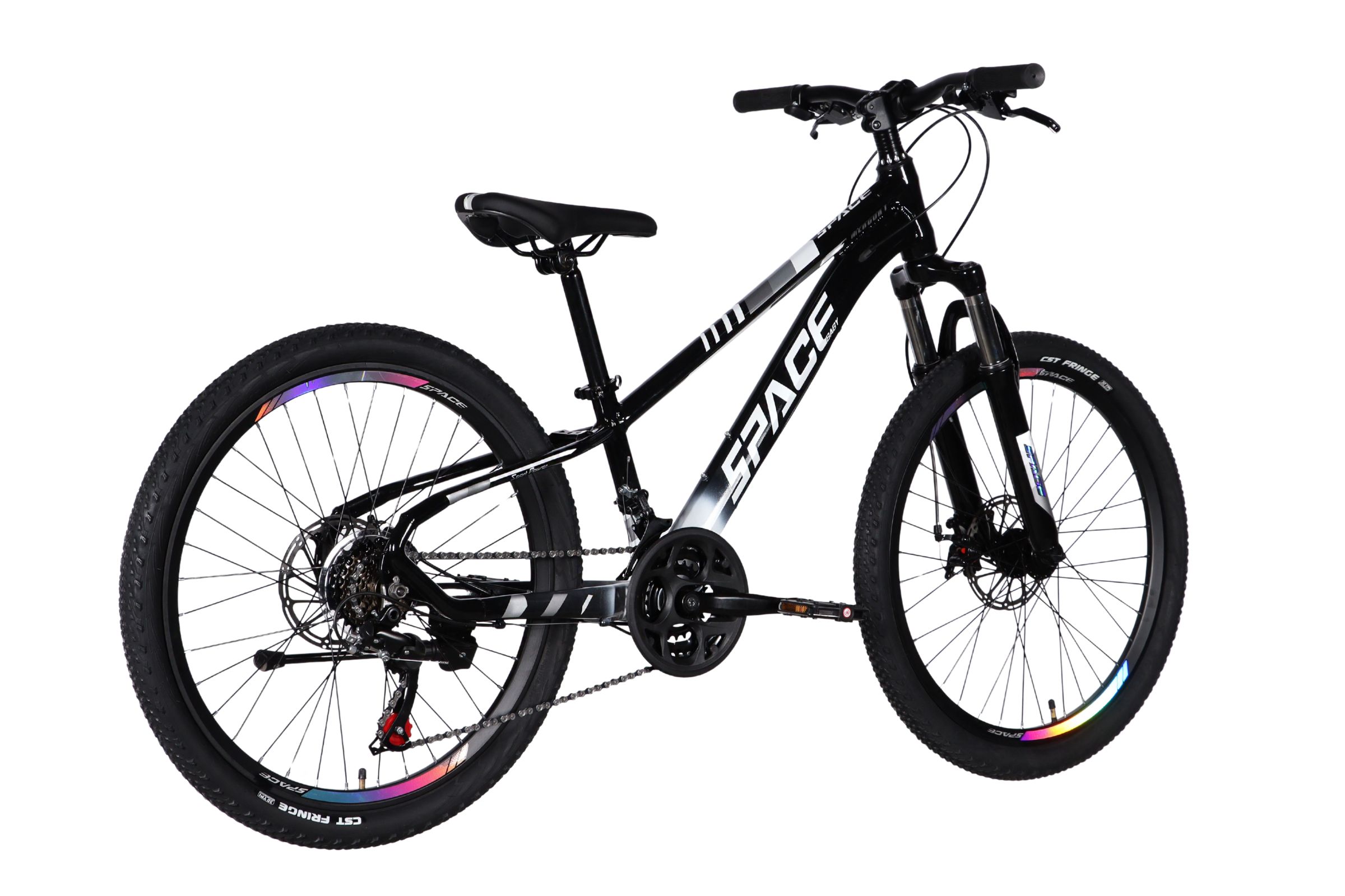 Black mountain bike with vibrant wheel details