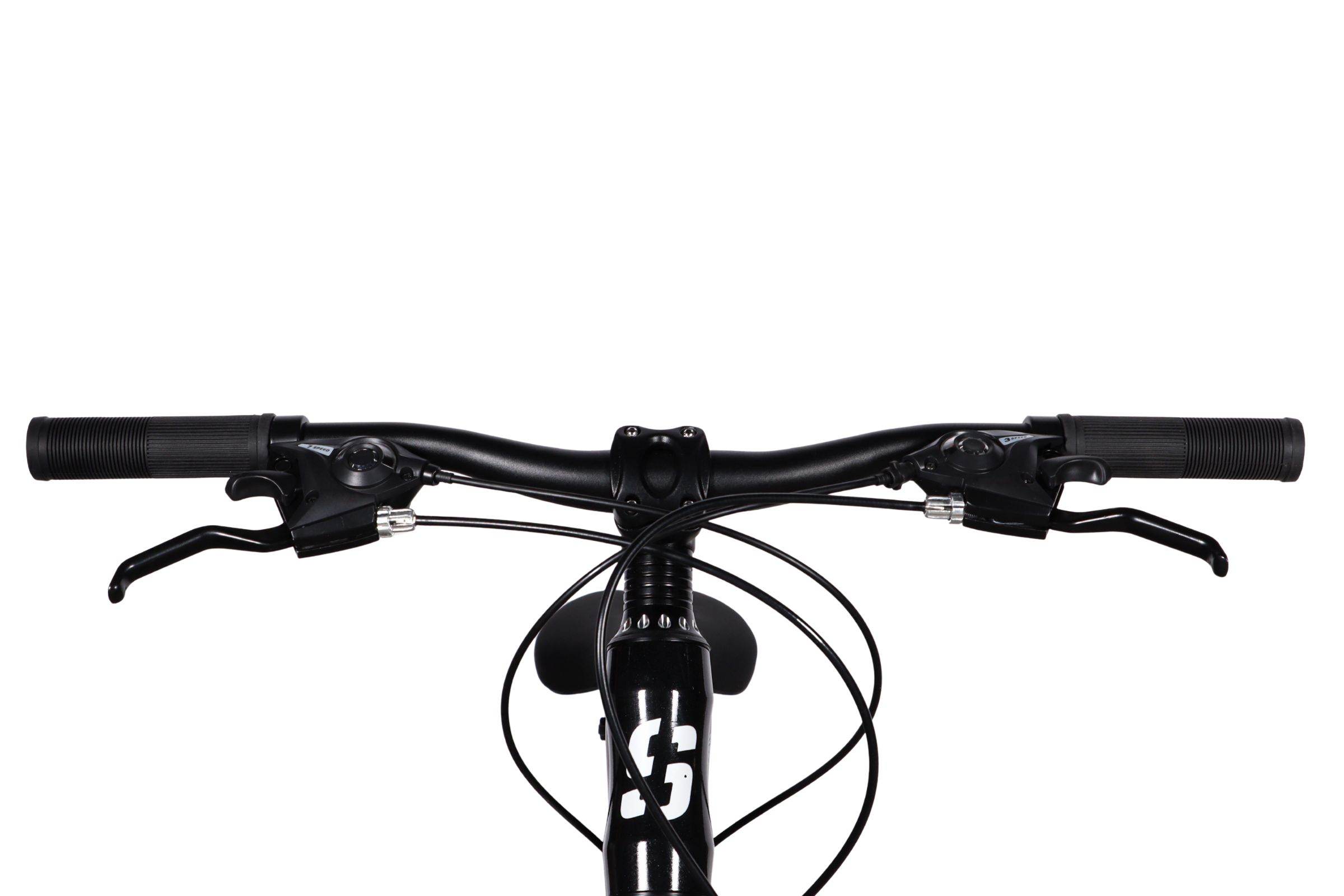 Close-up of black bicycle handlebars and controls.